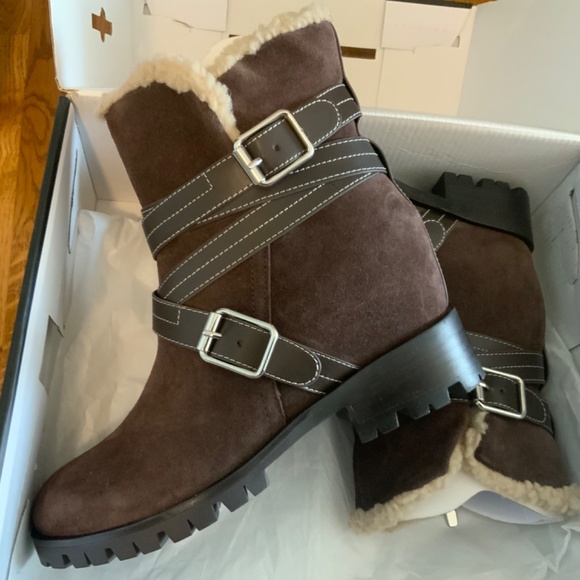 Nine West Davyd Wedge Buckle Booties Brown Suede Leather Women's Winter Boots 8 - Picture 5 of 8